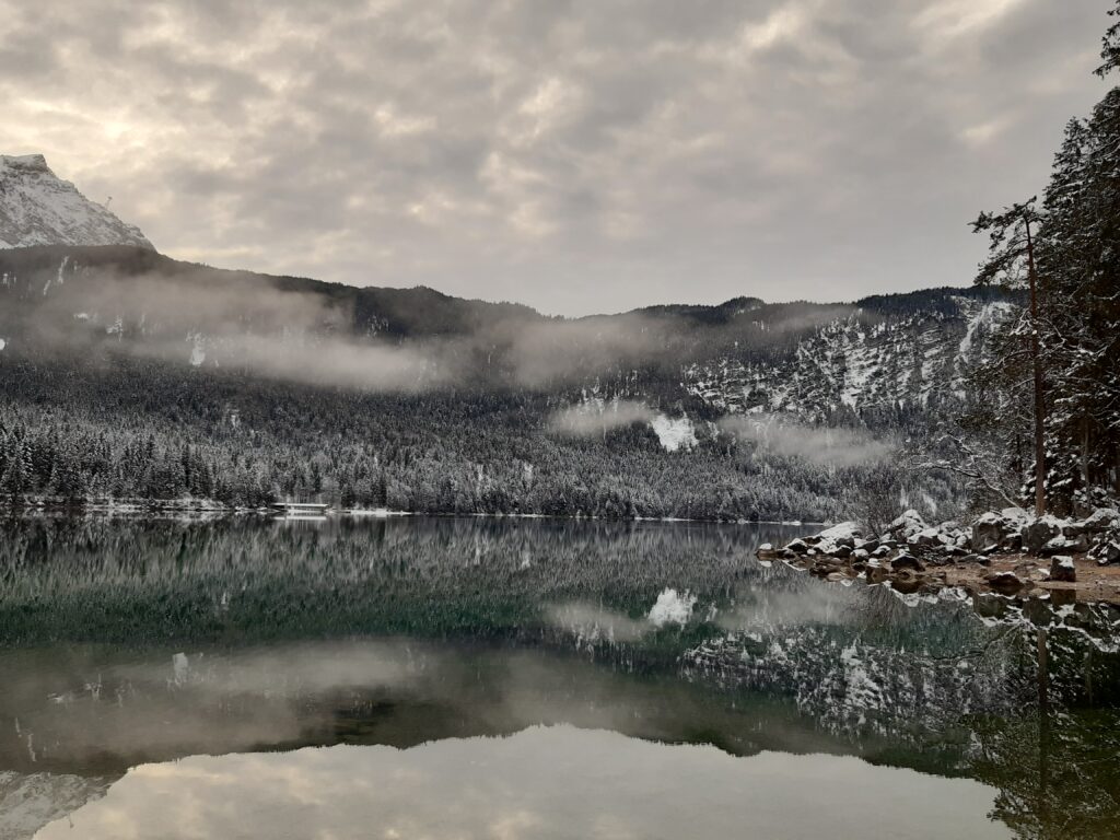 Landschaft im Winter mit Blick auf den See.
