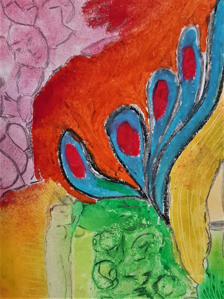 Buntes abstraktes Bild in den Farben Hellblau,Orange, Rot, Rosa und Grün.
